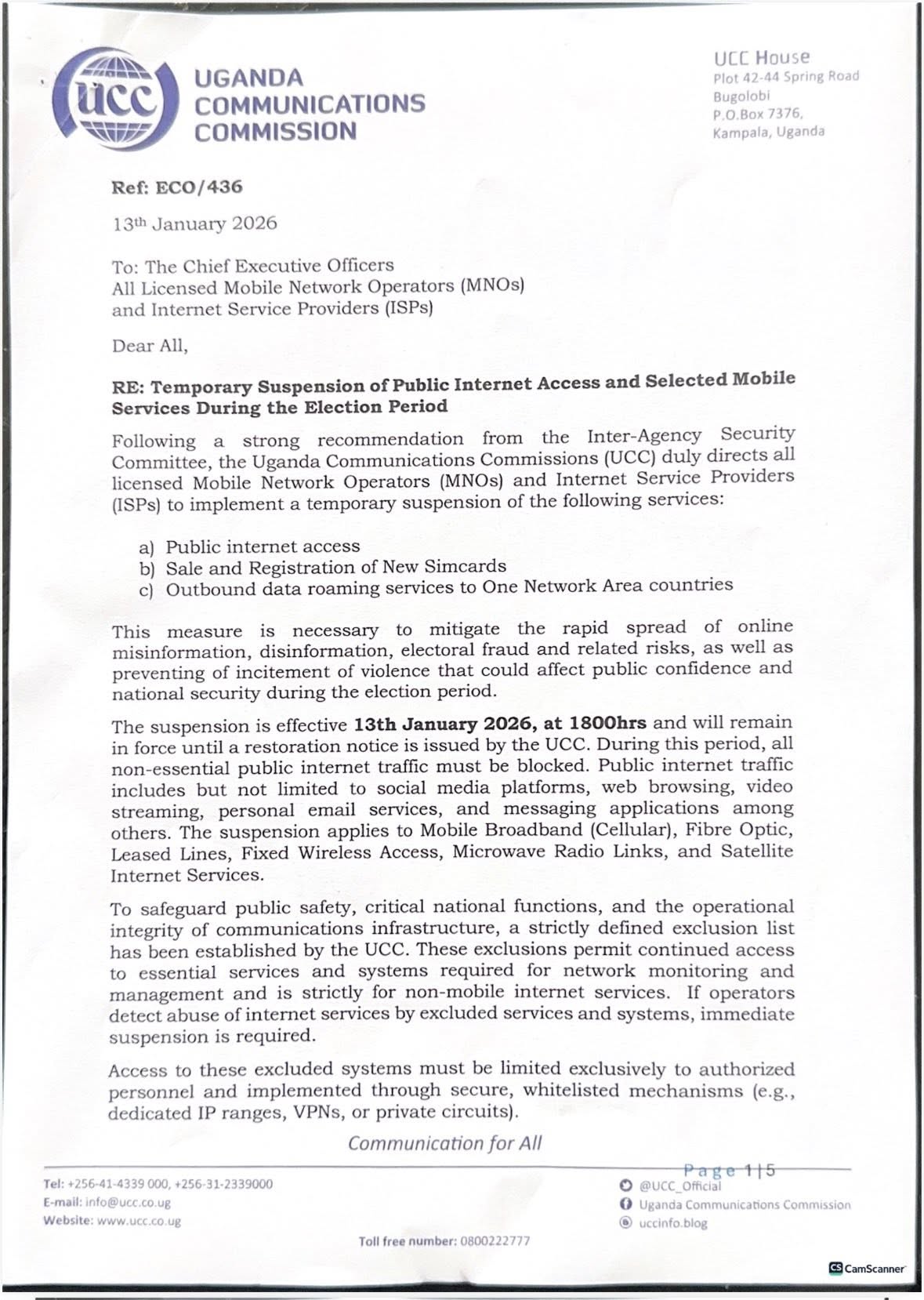 JUST IN: Uganda Orders Temporary Internet and Mobile Service Restrictions During Elections